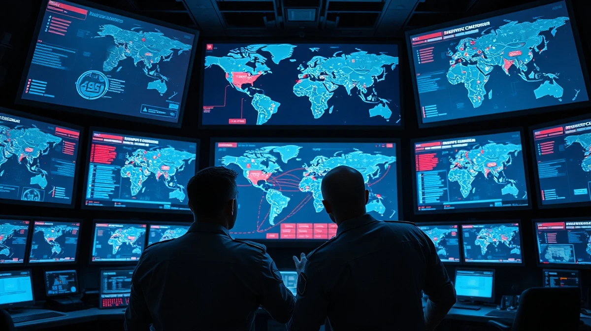 Military analysts monitoring a digital supply chain risk map with AI-detected threats linked to China
