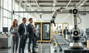 Workers alongside a robotic arm in a modern US factory, illustrating AI and automation in the labor market.
