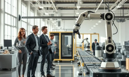 Workers alongside a robotic arm in a modern US factory, illustrating AI and automation in the labor market.