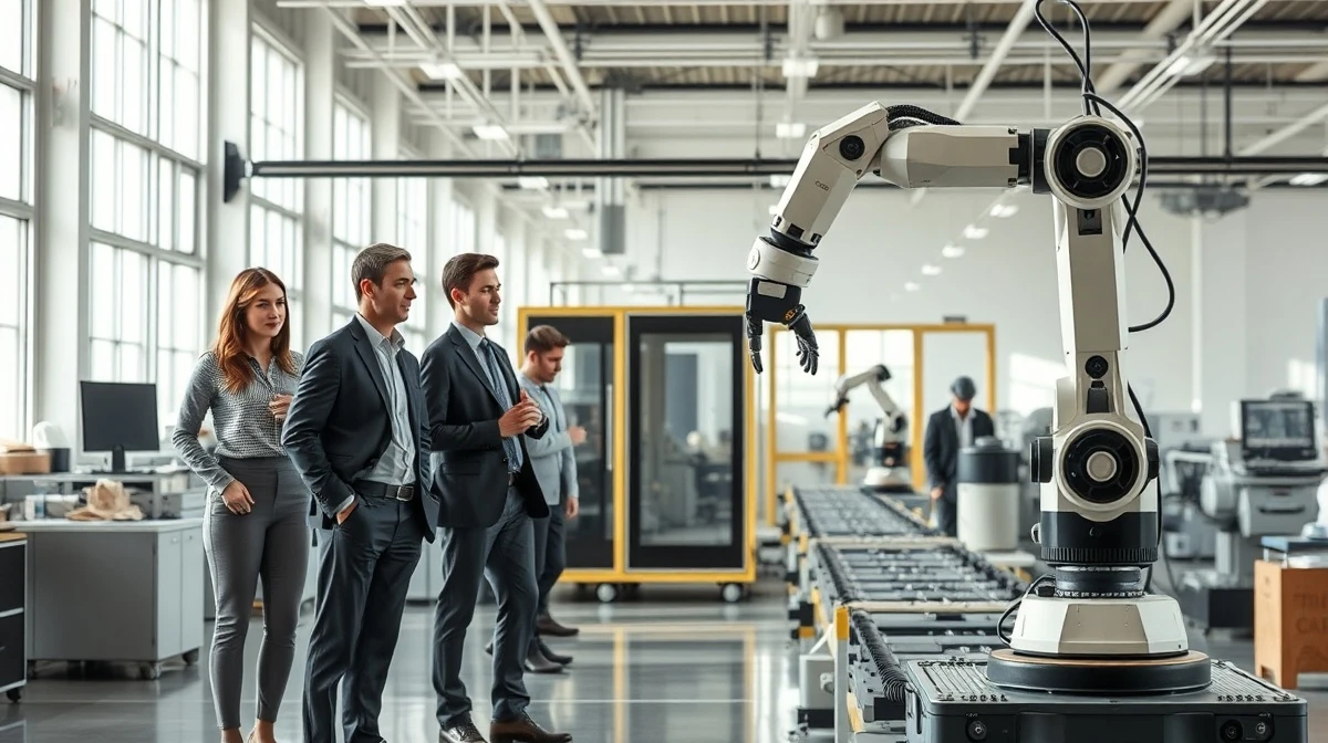 Workers alongside a robotic arm in a modern US factory, illustrating AI and automation in the labor market.