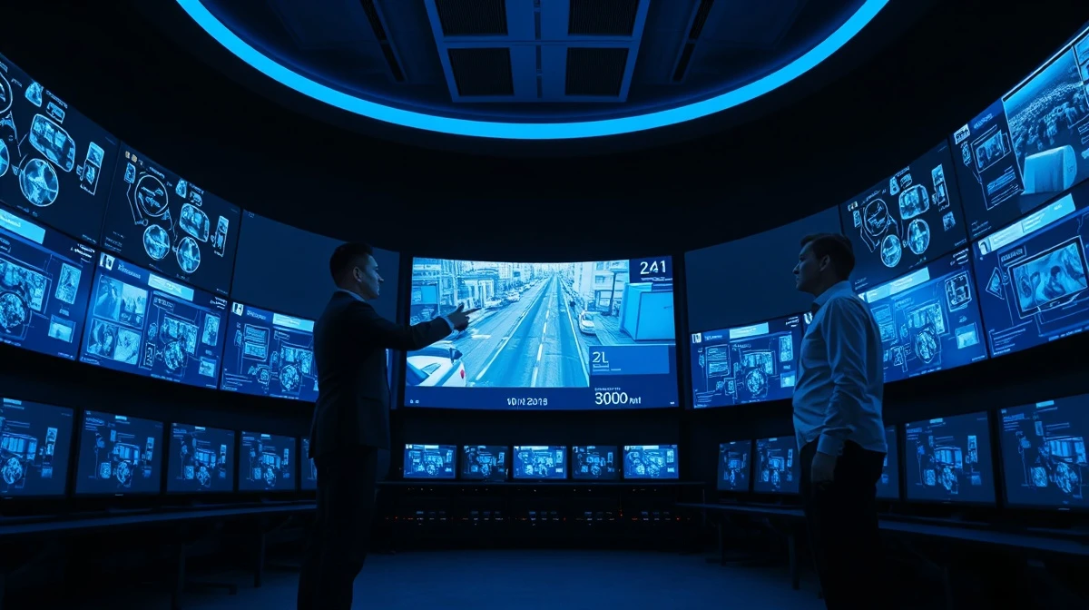 Security analysts monitoring AI-powered surveillance screens in a dimly lit operations center