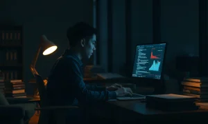 A person studying AI concepts on a laptop in a dimly lit tech office, surrounded by books and notes.