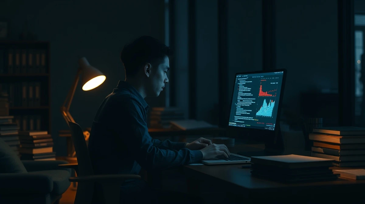 A person studying AI concepts on a laptop in a dimly lit tech office, surrounded by books and notes.