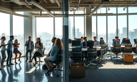 Contrasting scenes in a San Francisco tech office showing AI wealth winners celebrating and others facing layoffs