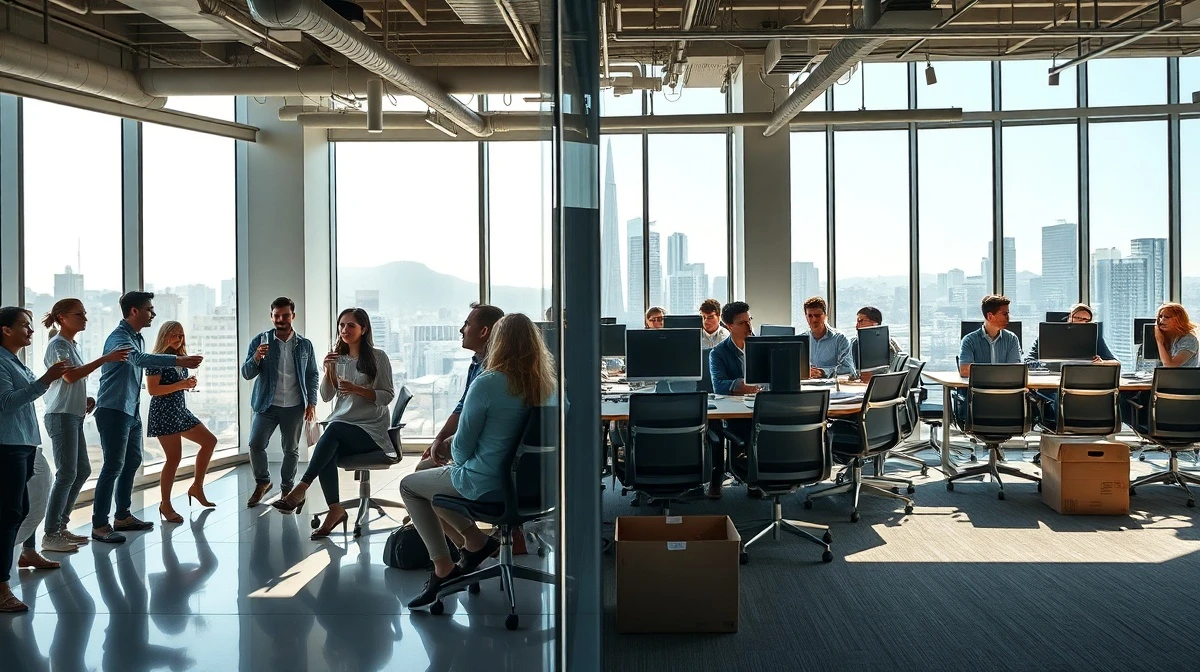 Contrasting scenes in a San Francisco tech office showing AI wealth winners celebrating and others facing layoffs