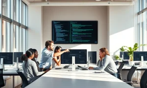 Airbnb engineers collaborating at a desk with monitors showing code and AI interfaces in a sunlit office