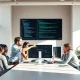 Airbnb engineers collaborating at a desk with monitors showing code and AI interfaces in a sunlit office