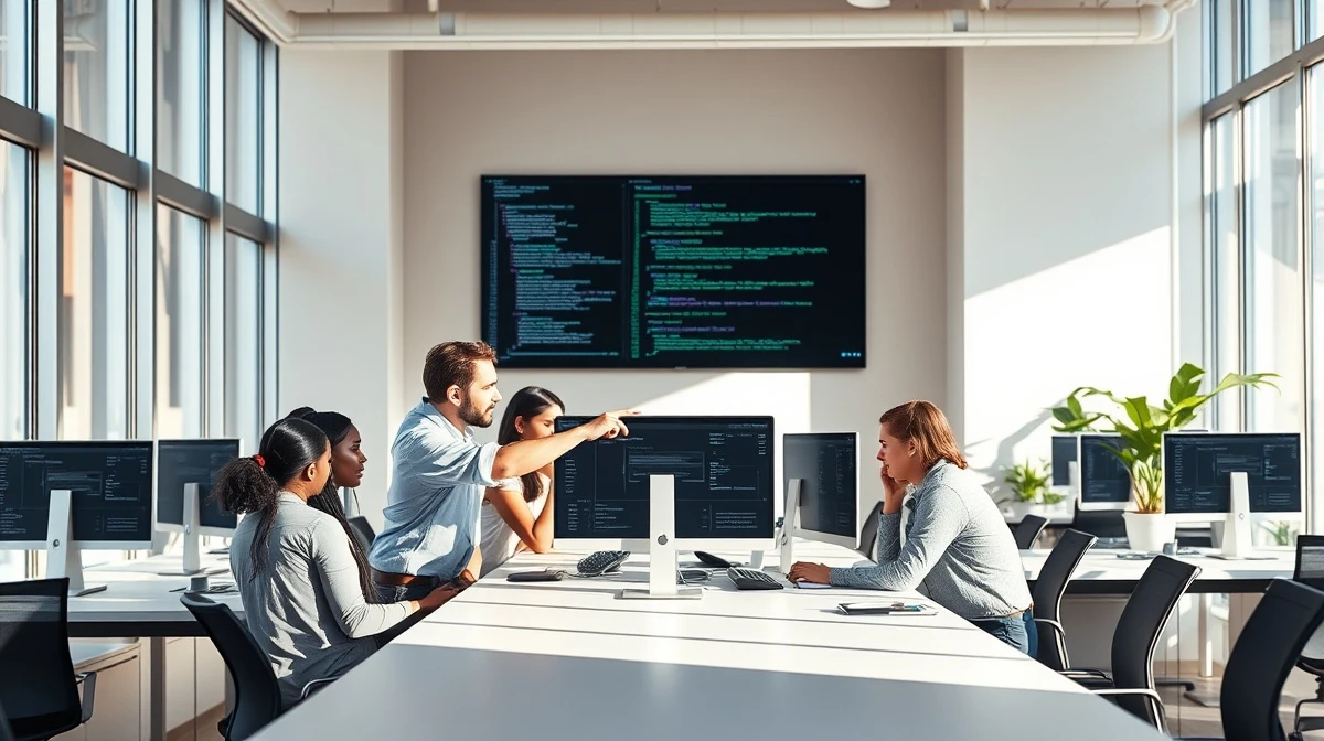 Airbnb engineers collaborating at a desk with monitors showing code and AI interfaces in a sunlit office