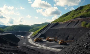 Aerial view of a large open-pit metallurgical coal mine in Appalachia with heavy machinery operating.