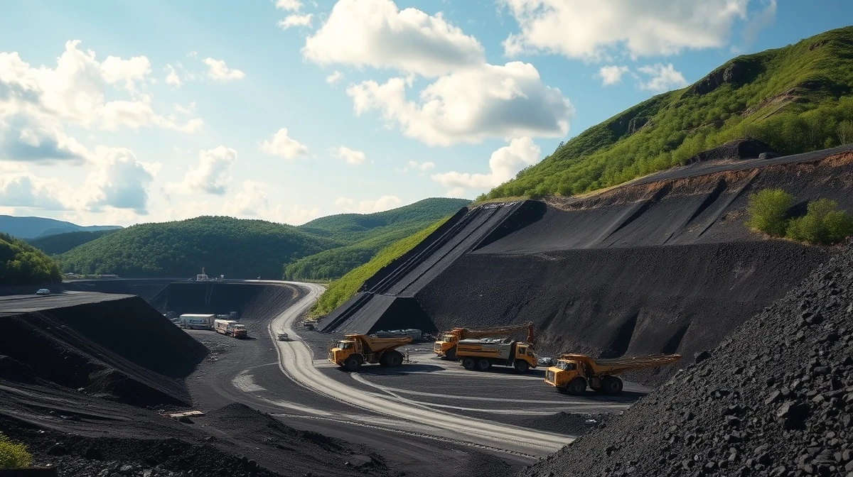 Aerial view of a large open-pit metallurgical coal mine in Appalachia with heavy machinery operating.