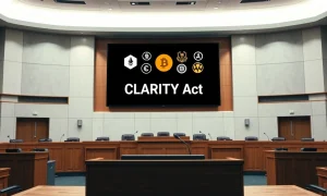 Empty legislative hearing room with a digital screen displaying CLARITY Act and cryptocurrency logos, signaling a regulatory meeting.