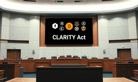 Empty legislative hearing room with a digital screen displaying CLARITY Act and cryptocurrency logos, signaling a regulatory meeting.