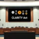 Empty legislative hearing room with a digital screen displaying CLARITY Act and cryptocurrency logos, signaling a regulatory meeting.