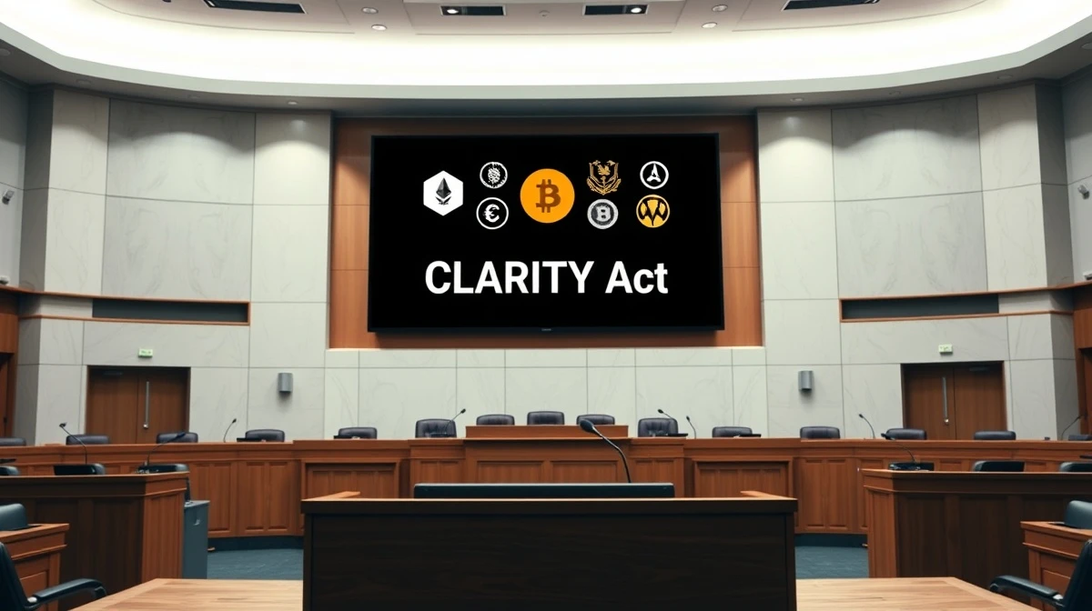 Empty legislative hearing room with a digital screen displaying CLARITY Act and cryptocurrency logos, signaling a regulatory meeting.