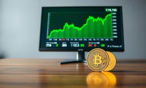 Computer monitor displaying green altcoin trading charts with a Binance coin on a desk in a professional office setting.