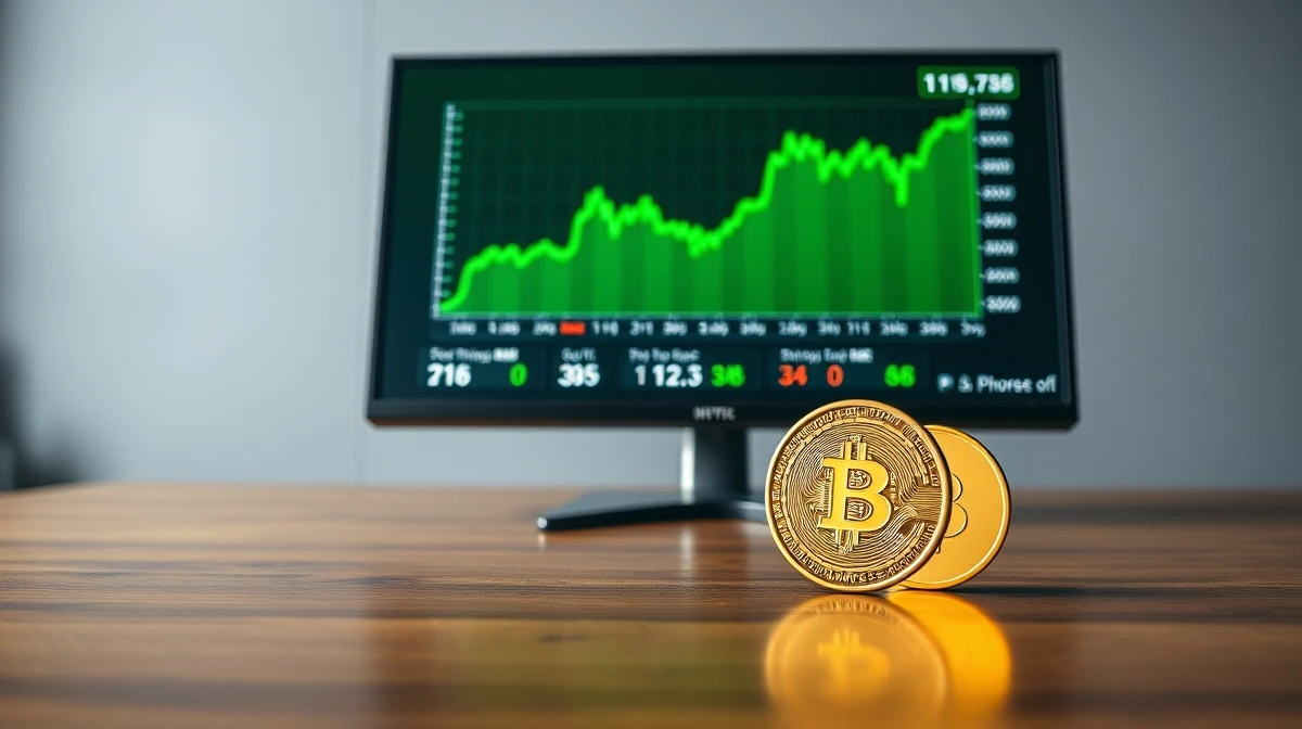 Computer monitor displaying green altcoin trading charts with a Binance coin on a desk in a professional office setting.