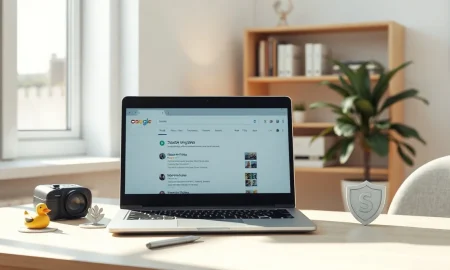 Laptop showing search engine results with icons of alternative search engines on a desk in a bright home office