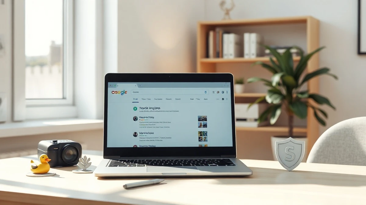 Laptop showing search engine results with icons of alternative search engines on a desk in a bright home office