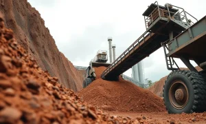 Large-scale bauxite mining operation with machinery and conveyor belt under overcast sky
