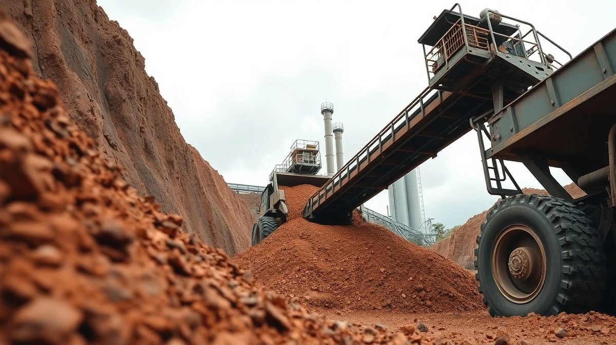 Large-scale bauxite mining operation with machinery and conveyor belt under overcast sky