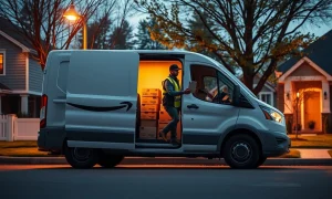 Amazon delivery van at dusk with driver handing package to customer