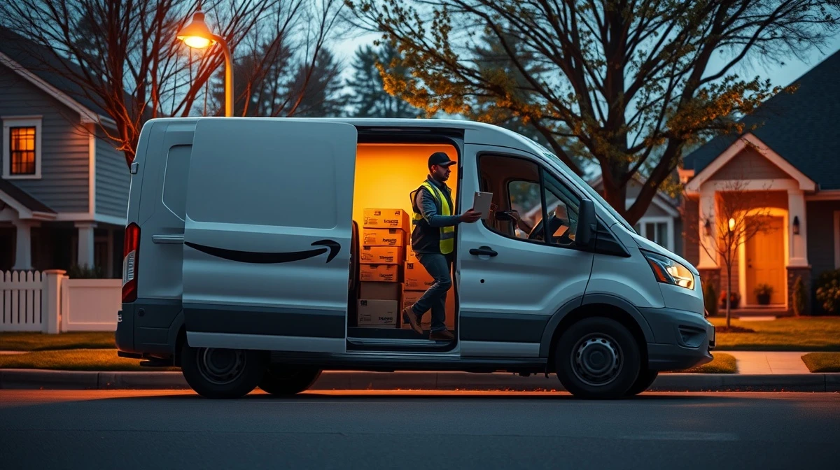 Amazon delivery van at dusk with driver handing package to customer