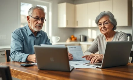 Older couple reviewing Social Security documents at a kitchen table, planning retirement timing.