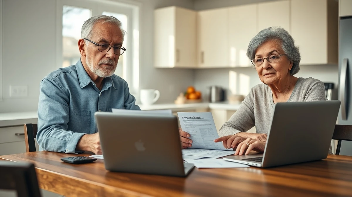 Older couple reviewing Social Security documents at a kitchen table, planning retirement timing.