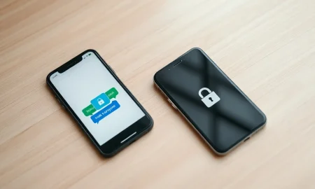 Two smartphones, one iPhone and one Android, displaying an encrypted chat with a lock icon.