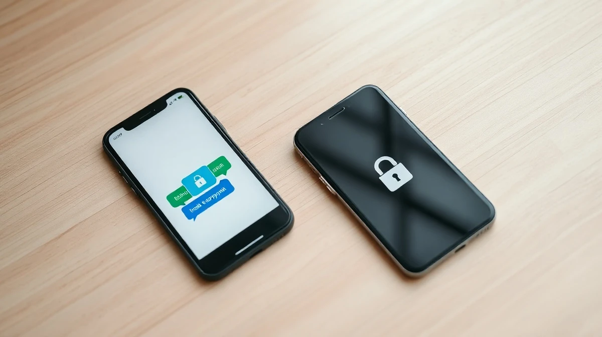 Two smartphones, one iPhone and one Android, displaying an encrypted chat with a lock icon.