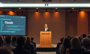 Cat Wu speaking at Code with Claude conference in San Francisco, with AI interface on screen behind her.