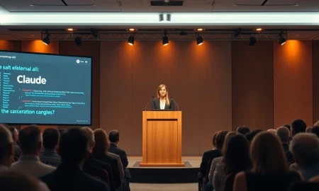 Cat Wu speaking at Code with Claude conference in San Francisco, with AI interface on screen behind her.