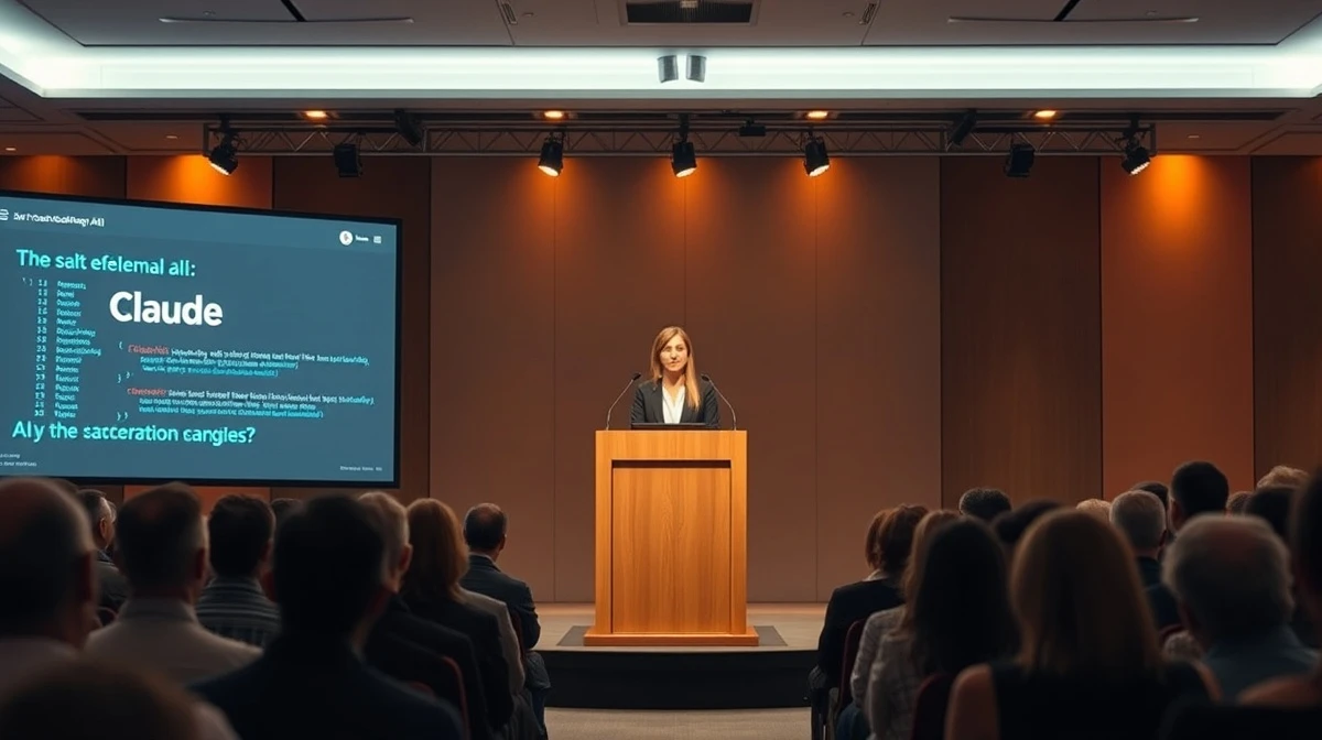 Cat Wu speaking at Code with Claude conference in San Francisco, with AI interface on screen behind her.