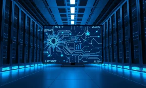 Interior of a modern data center with AI interface on display screen