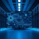 Interior of a modern data center with AI interface on display screen