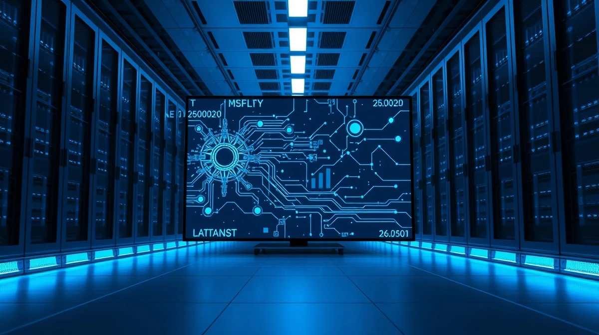 Interior of a modern data center with AI interface on display screen