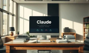 Law office desk with computer screen showing Claude AI legal interface