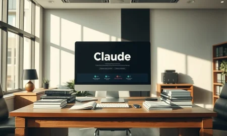 Law office desk with computer screen showing Claude AI legal interface