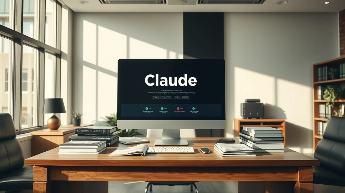 Law office desk with computer screen showing Claude AI legal interface