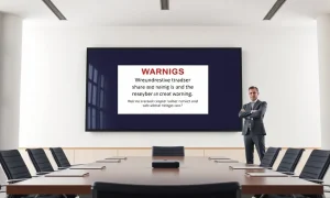 Anthropic executive standing in front of a digital warning about unauthorized share trading in a modern boardroom
