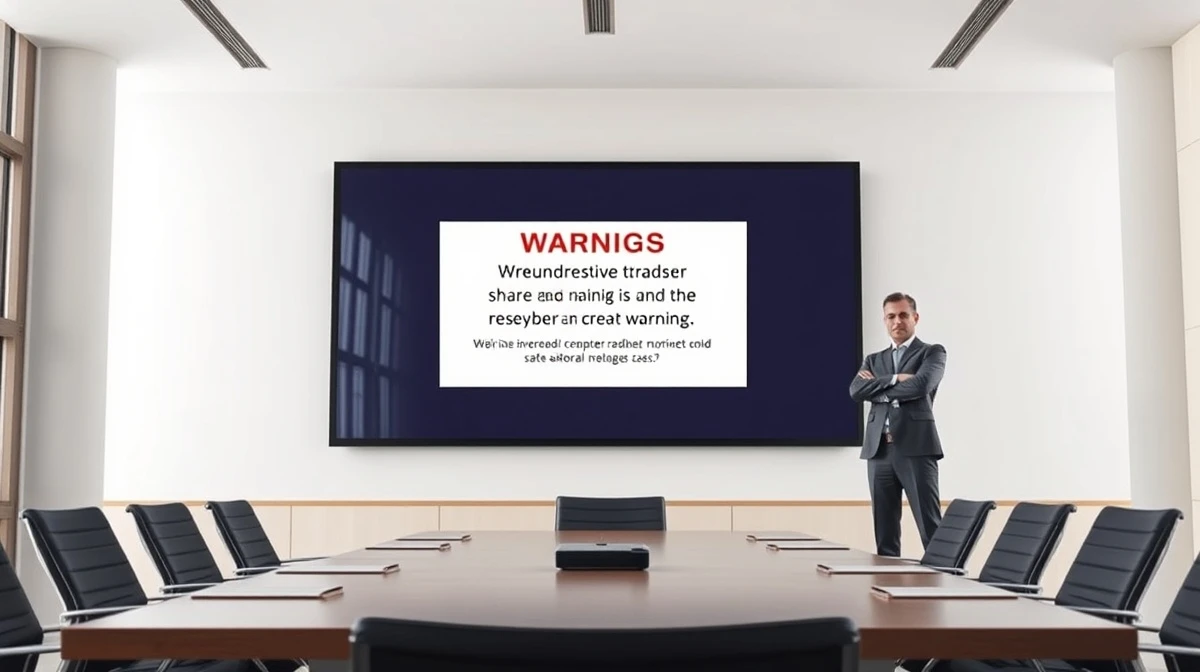 Anthropic executive standing in front of a digital warning about unauthorized share trading in a modern boardroom