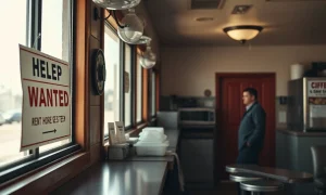 Small diner owner looking concerned with a help wanted sign in the window