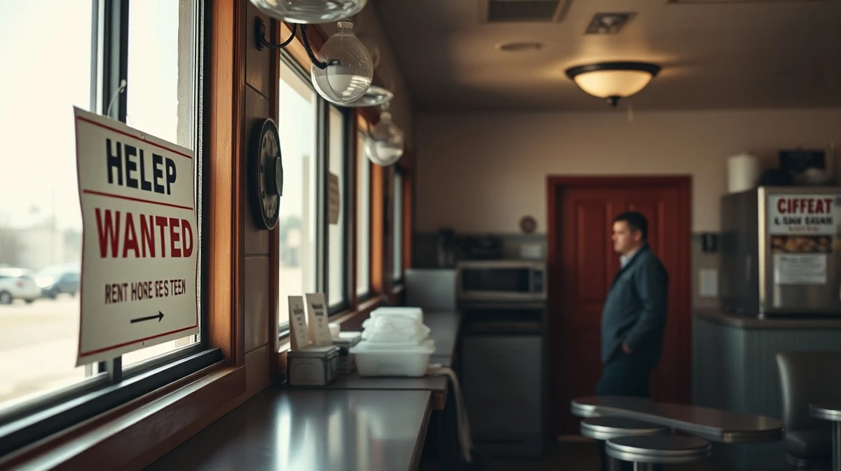 Small diner owner looking concerned with a help wanted sign in the window