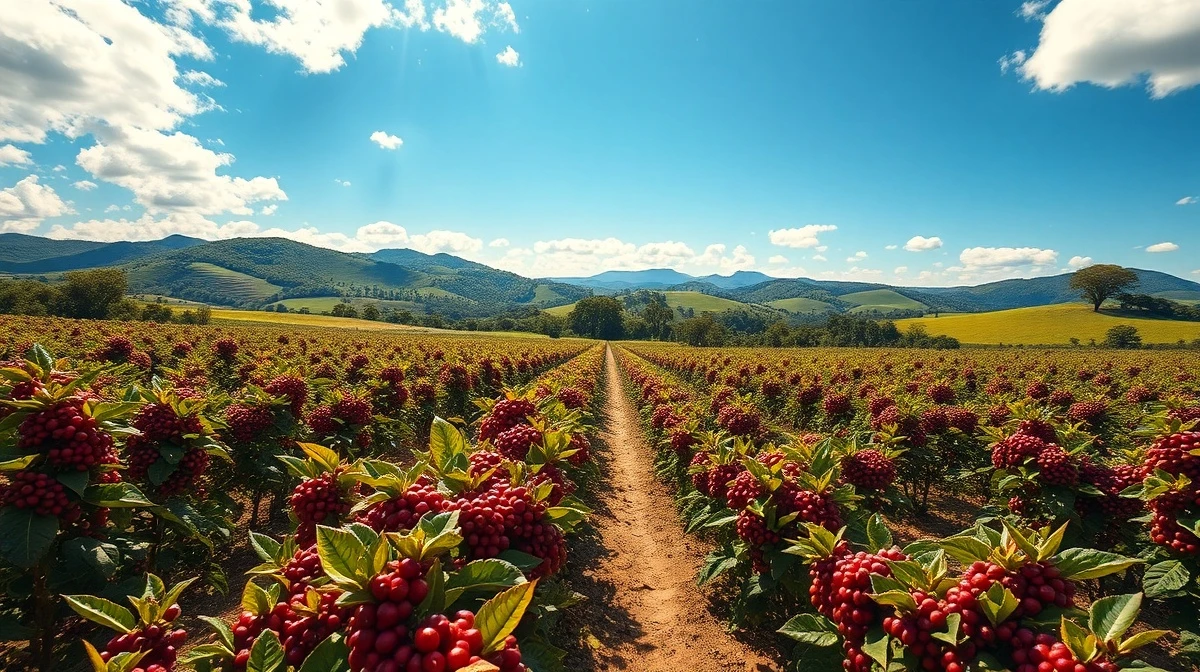 Aerial view of a large Brazilian coffee plantation with rows of coffee bushes under bright sunlight.