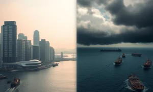 Split image showing Asian financial skyline and stormy Strait of Hormuz representing divergent currency paths under geopolitical risk