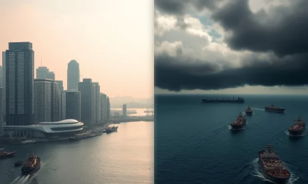 Split image showing Asian financial skyline and stormy Strait of Hormuz representing divergent currency paths under geopolitical risk