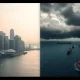 Split image showing Asian financial skyline and stormy Strait of Hormuz representing divergent currency paths under geopolitical risk