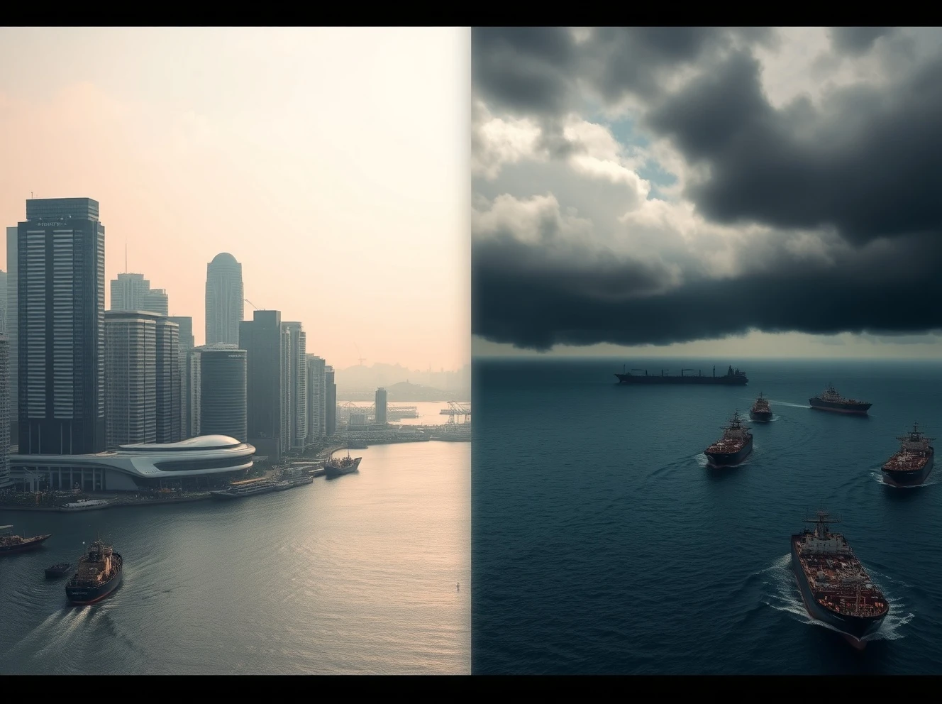 Split image showing Asian financial skyline and stormy Strait of Hormuz representing divergent currency paths under geopolitical risk