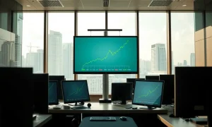 Financial trading floor in Singapore with Asian currency exchange rate charts on monitors