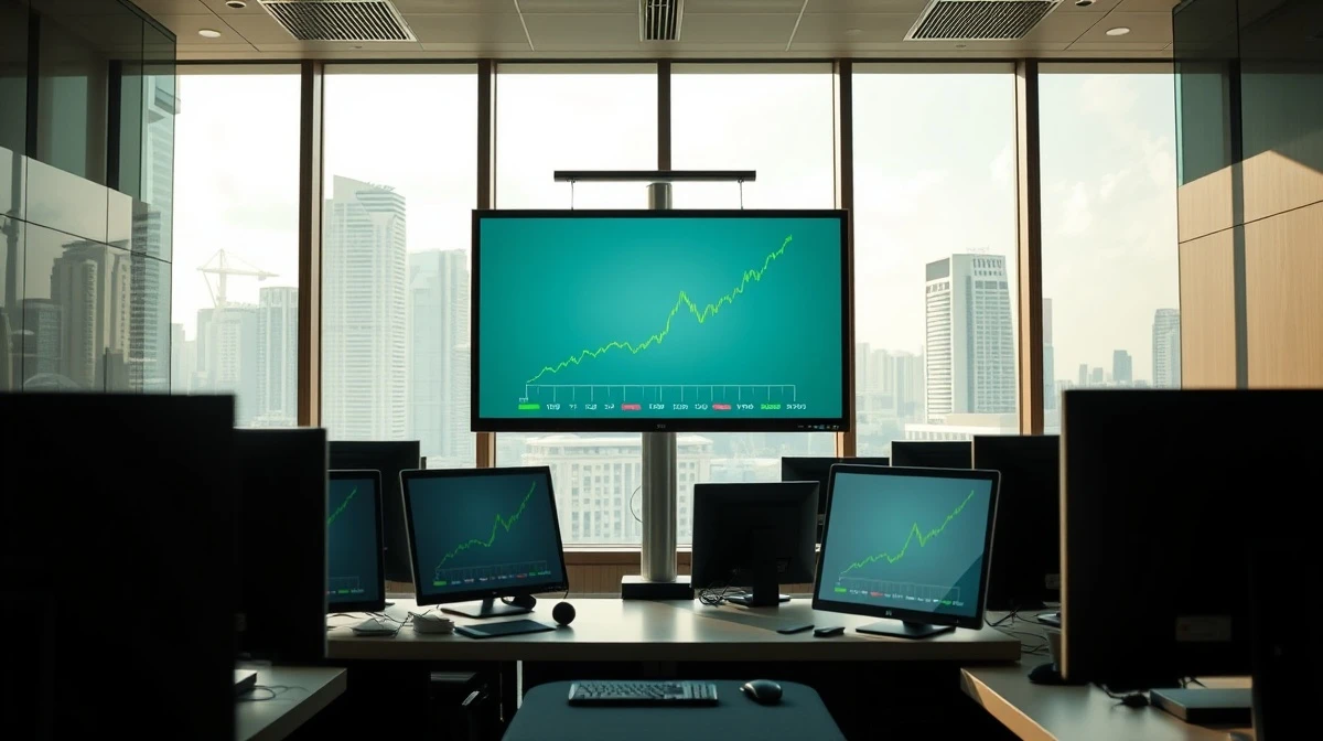 Financial trading floor in Singapore with Asian currency exchange rate charts on monitors